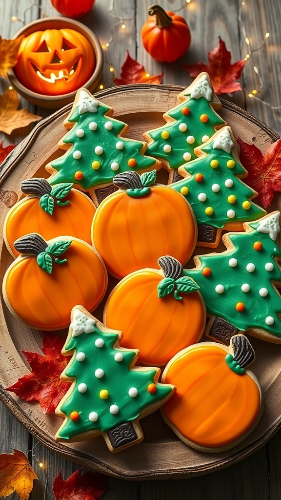 A platter of decorated Halloween Christmas fusion cookies in pumpkin and tree shapes, surrounded by autumn leaves and lights.